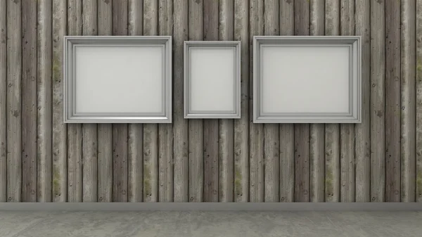 Empty picture frames in interior background on the rustic wooden wall with concrete floor. Copy space image.