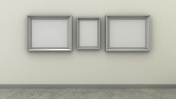 Empty picture frames in modern interior background on the whitewash paint wall with concrete floor. Copy space image.