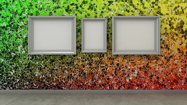 Empty picture frames in modern interior background on the colorfull mosaic wall with concrete floor. Copy space image.