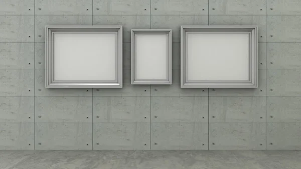 Empty picture frames in modern interior background on the concrete tiled wall with concrete floor. Copy space image.