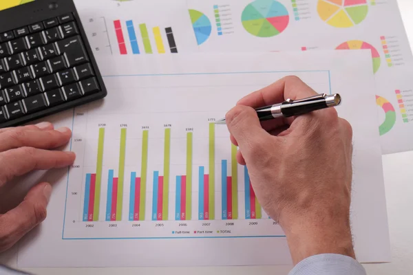 Close up of businessman working on  financial data in form of charts and diagrams. Business statistics and success concept