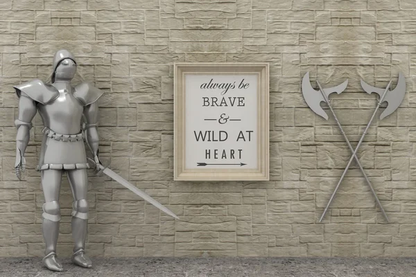 Motivation words be brave , be bold, be you. Inspirational  poster in frame, knight armor, medival weapons in castle interior background. 3d render