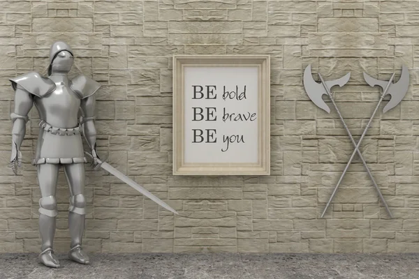 Motivation words be brave , be bold, be you. Inspirational  poster in frame, knight armor, medival weapons in castle interior background. 3d render