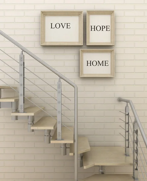 Motivation poster  Love, Hope, Home. Home, love, family  and happiness concept. Inspirational poster frames in modern interior. Scandinavian style home interior decorration. 3d render