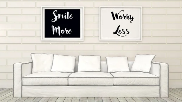 Motivation words Smile More, Worry Less. Happiness, Life  concept. Inspirational  poster  in modern interior. 3d render