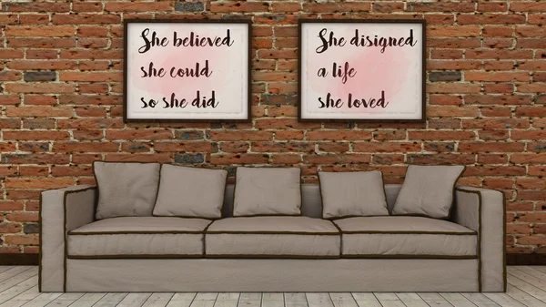 Woman Motivation words She believed, she could so She did. She designed a life She Loved. Success concept. Inspirational poster in modern interior. 3d render
