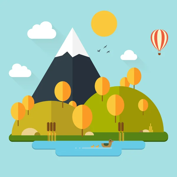 Flat autumn nature landscape illustration in trendy flat design style, eco-friendly. Colorful vector flat icon set: nature, mountain, lake, ducks, sun, trees, cane, clouds.