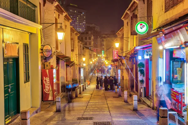 The Rua da Felicidade Street at night in Macau, China