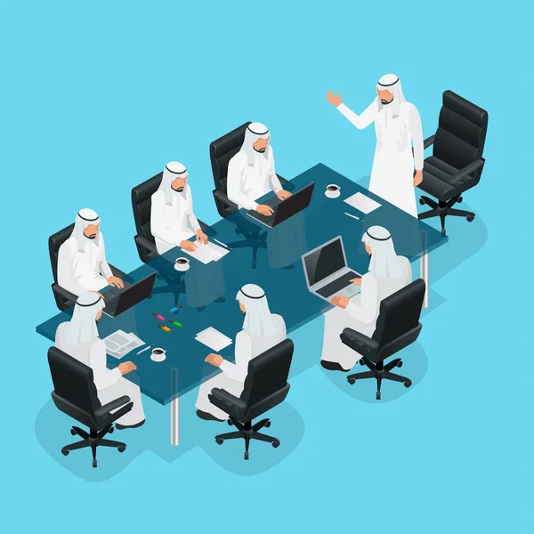 Business meeting concept, International Business, Arabic businessman presenting his ideas to colleagues for success investments at bright modern office room. 3d flat isometric vector illustration.
