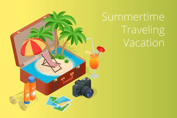 Trip to Summer holidays. Travel to Summer holidays. Vacation. Road trip. Tourism. Travel banner. Open suitcase with landmarks. Journey. Travelling 3d isometric illustration. Modern flat design banner