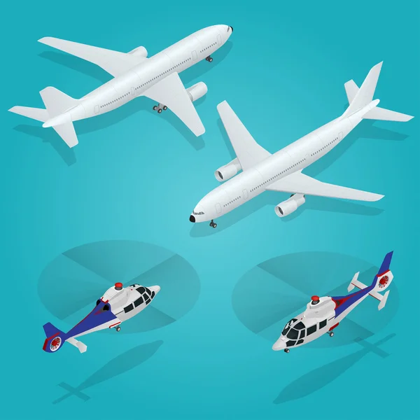 Passenger Airplane. Passenger Helicopter. Isometric Transportation. Aircraft Vehicle. Air Transportation. Vector illustration.