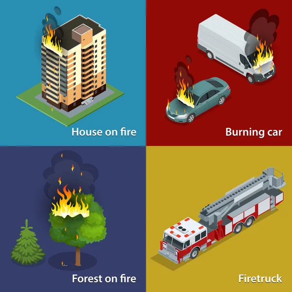 House on fire, Burning car, Forest on fire, Firetruck. Fire suppression and victim assistance. Isometric vector illustration for infographics