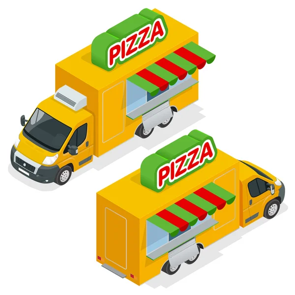 Fast Pizza Delivery Car isolated on white background. Delivery van with pizza express symbol. Fast-food car with pizza. Flat 3d vector isometric illustration. Mobile food truck. Car with Italian food