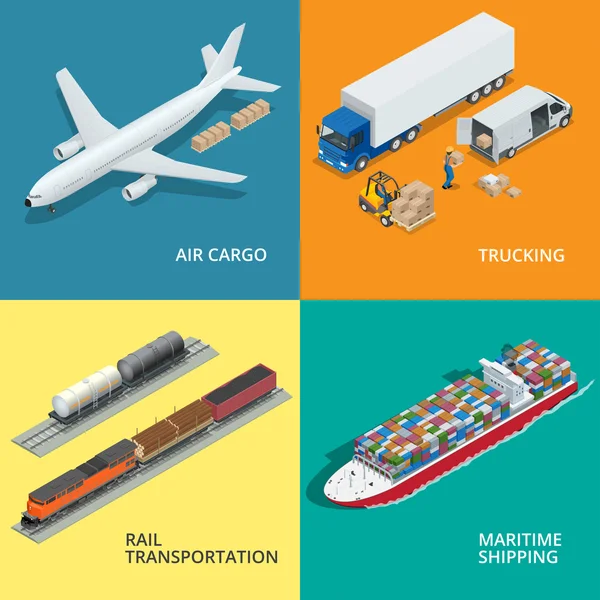 Logistic realistic icons set of air cargo, trucking, rail transportation, meritime shipping. On-time delivery. Delivery and logistic. Vector isometric illustration.