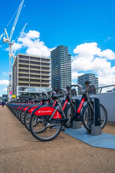 A row of Santander Cycles in the Olympic Park in London UK