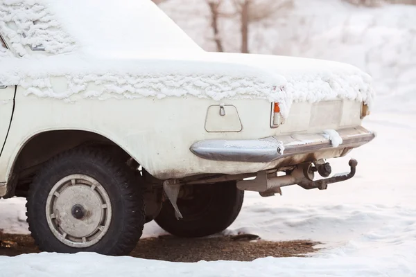 The rear of car trunk covered with snow in winter, old broken white color at sunset. Recycling, metal processing, write-off cars.