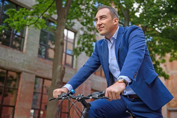 Cheerful businessman riding a bicycle