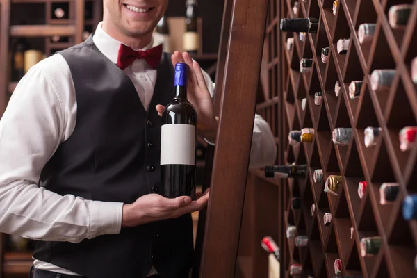Cheerful male waiter is working in winehouse