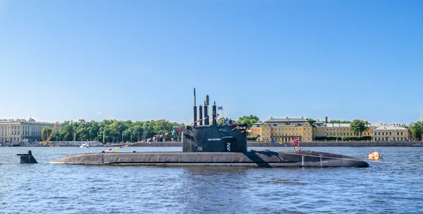 Submarine on Holiday - the Day of the Navy in St. Petersburg, the Neva river.