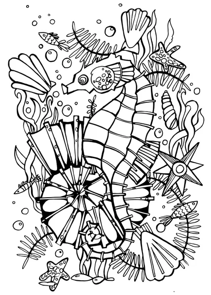 Hand drawn coloring page sea horse.
