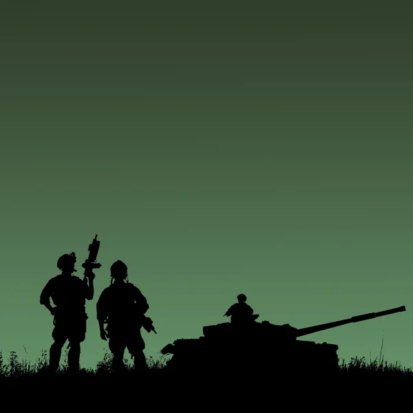 Silhouette of military soldiers team or officer with weapons and