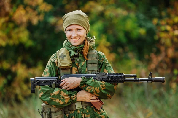Russian soldier medic in universal camouflage army uniform and s