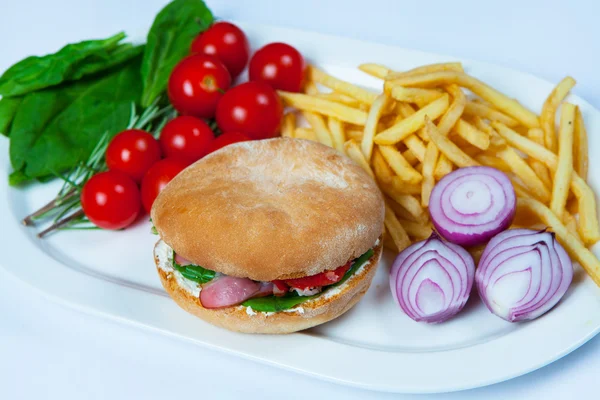 Fresh burger in plate with vegetables and french fries.Big hamburger. Ingredients for hamburgers. Top view