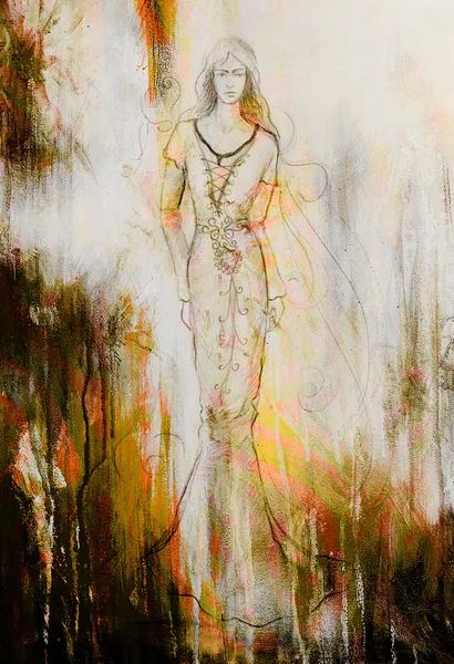 Sketch of mystical woman  in beautiful ornamental dress.