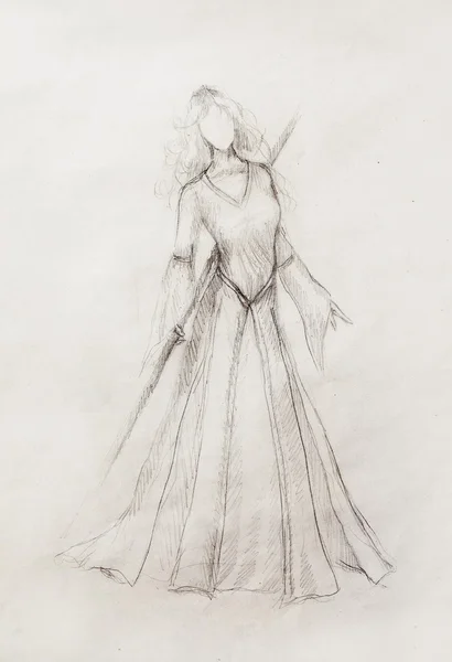 Sketch of mystical woman and stick in beautiful ornamental dress.