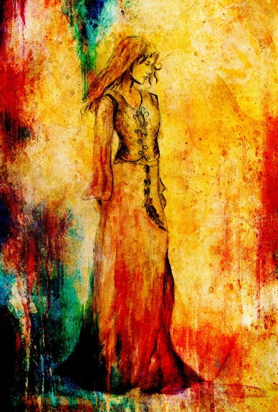Sketch of mystical woman  in beautiful ornamental dress.