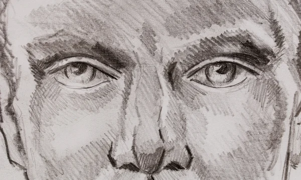 Woman eyes pencil drawing on paper, eye contact.