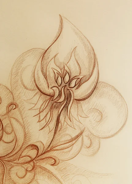 Ornamental filigran drawing on paper with spirals, flower petals and flame structure pattern.