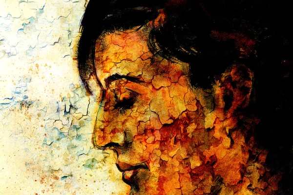 Art colorful painting beautiful girl face and crackle background.