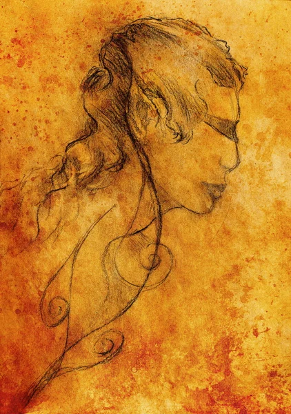 Art drawing beautiful spiritual elf girl face and sepia background.