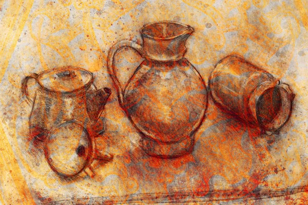 Still life drawing. Original hand draw on paper. Teapot, jug, funnel and cans.