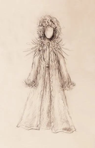 Pencil drawing on paper, woman in fur coat and feathers.