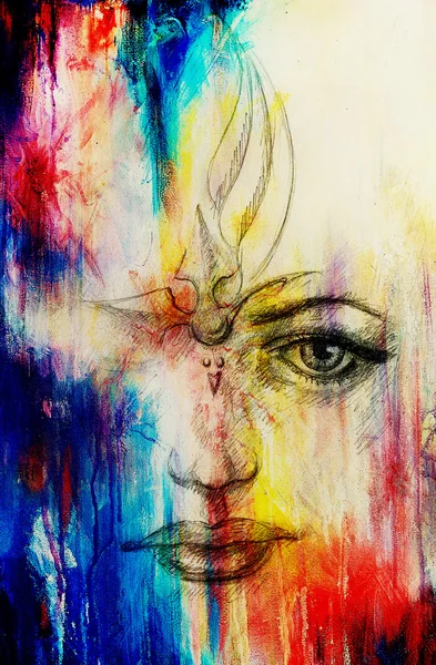 Mystic woman face. pencil drawing on paper, Color effect.