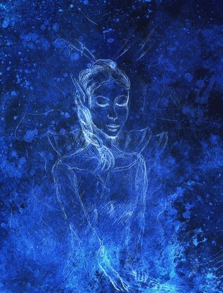 Drawing of elf woman, pencil sketch on paper, blue vinter effect.