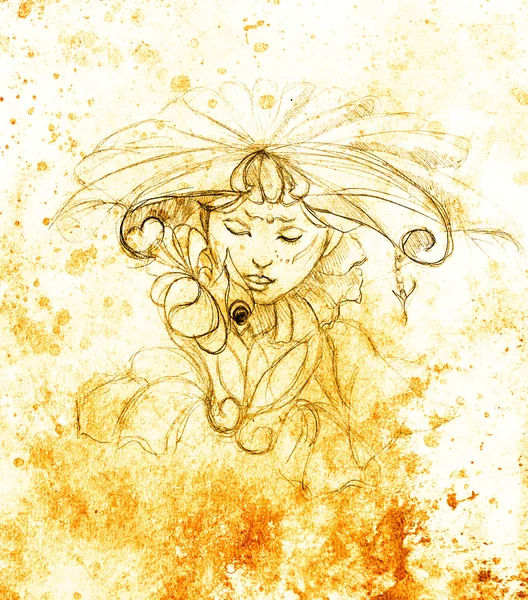 Mystic woman with flower. pencil drawing on paper, Color effect.