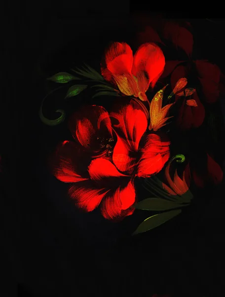 Red flower on black background. Painting and computer collage.