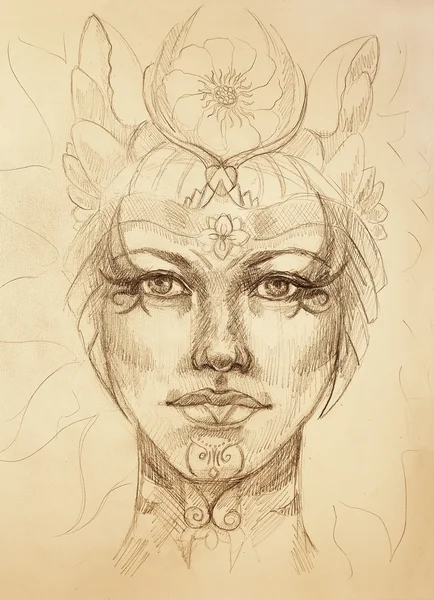 Mystic woman face with floral ornament. Drawing on paper, Color effect. Eye contact.