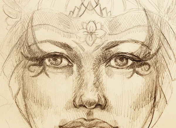 Mystic woman drawing with ornament, eye contact.