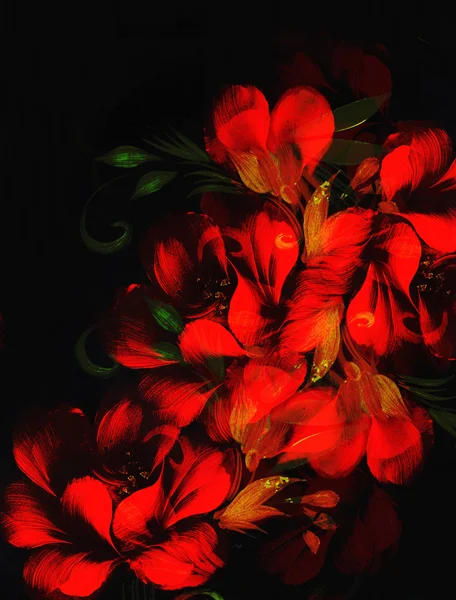 Red flower on black background. Painting and computer collage.