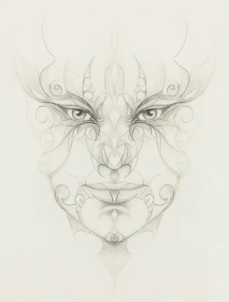 Mystic man face with floral ornament. Drawing on paper. Eye contact.