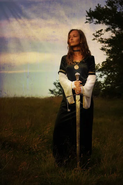 A young beautiful woman with blonde hair in black velvet medieval dress is standing alone on a wild meadow in a mystical midsummer evening light, holding a sword in her hands