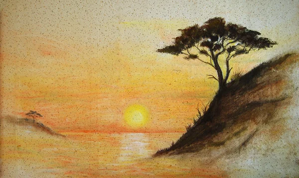 Painting on wall.Painting sunset, sea and tree, wallpaper landscape