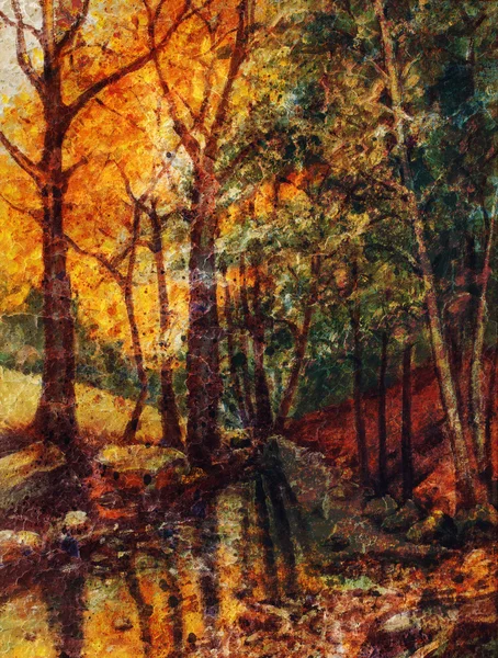 Landscape oil painting with river in autumn forest. Vintage structure background