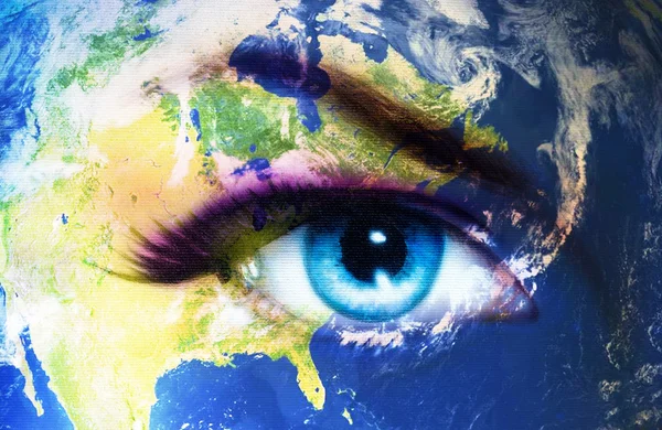 Planet Earth and blue human eye with violet and pink day makeup. Eye painting