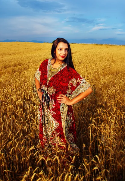 Smiling Young woman with ornamental dress standing on a wheat field with sunset. Natural background and blue sky.