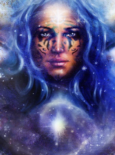 Goddess Woman with tattoo on face in space with light stars.